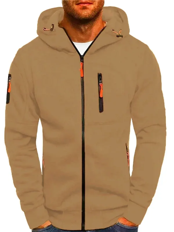 Men's Grey Hooded Sweatshirt Full Zipper Casual Sportswear with Pockets Orange Drawstring plus Size Available — image 8
