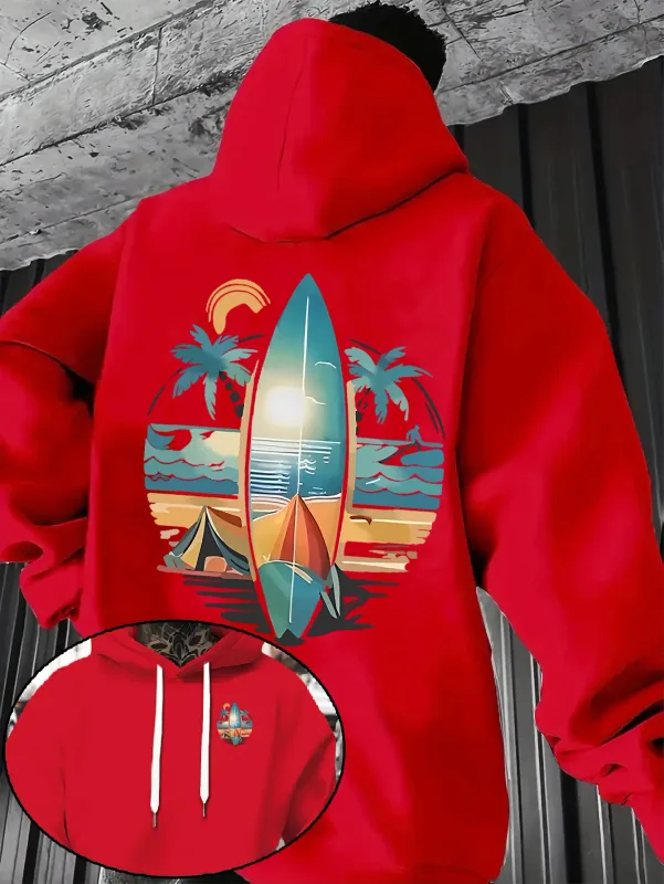 New Autumn/winter Men's Hooded Sweatshirt with Surfboard and Beach Print Loose Fit Stylish Street Style Comfortable Fit Hoodies