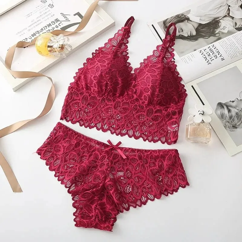 Lace Sexy Women Underwear Set Seamless Wire Free Bra Sets Hollow Out Bra and Panty Sets For Women Embroidery Intimates Lingerie — image 8