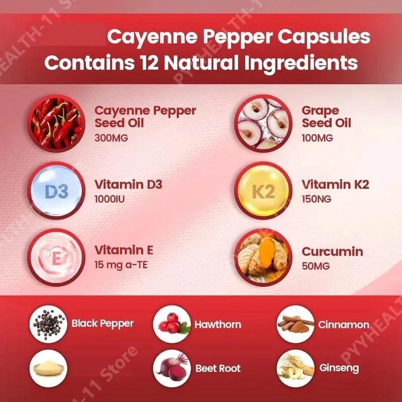 Cayenne Pepper Softgels Supplement with Grape Seed Beetroot Turmeric Vitamins D3 K2 Herbal Supports Leg Vein Blood Vessel Health — image 2