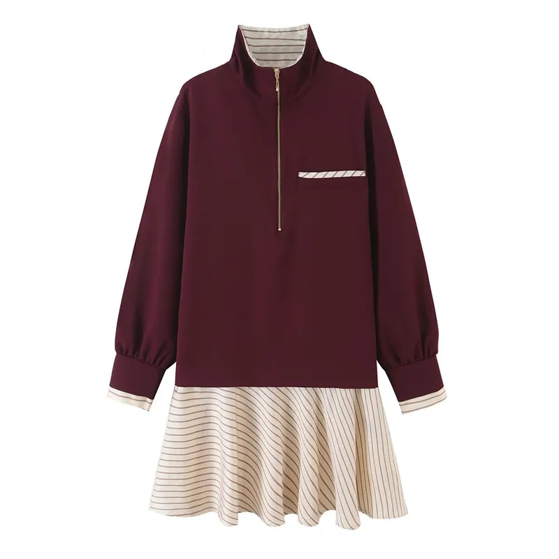 Ladies Lapel Collar Half Zipper Autumn Dress Color Block Striped Patchwork Long Sleeve Pocket Casual A‑Line Short Dresses