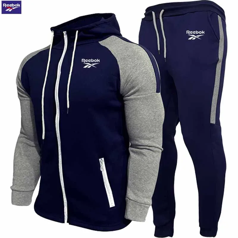 Reebok Men's Fleece Hooded Sweatshirt Set - Long Sleeve Zippered Hooded Sweatshirt - Fashion Striped Loose Jacket - Suitable for