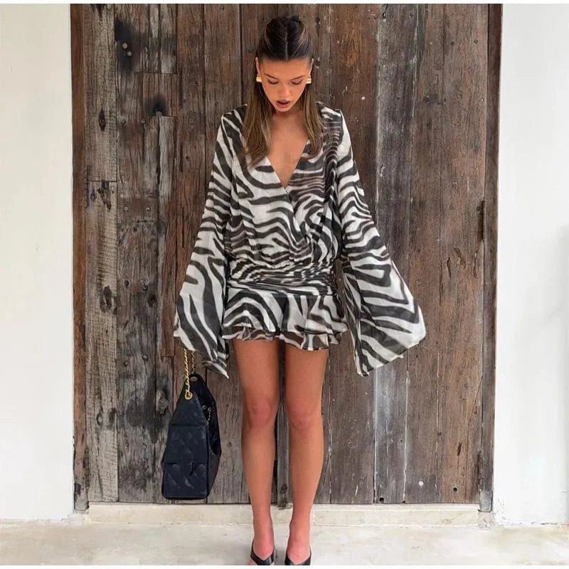 Chic Zebra Print Long Sleeve Women Dresses Sexy Deep V-neck Waist Pleats Loose Fit Dresses 2026 Lady Summer Party Club Vestidos — image 5