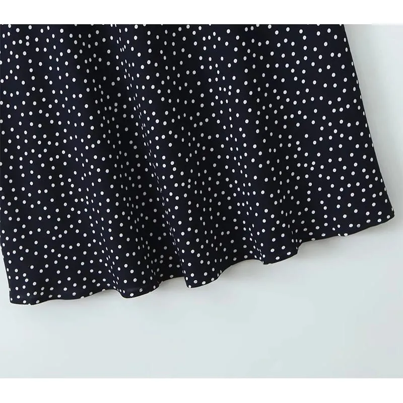 Gaun Panjang Polka Dot Biru Laut Wanita 2025 Gaun Liburan Elegan A-line Lengan Pendek Leher V Potongan Renda Jubah Maxi Musim Panas