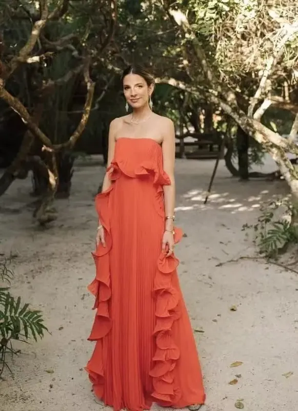 Trendy Women Summer Holiday Dress Orange Pleated Chiffon Long Formal Dresses Custom Made Ruffled Strapless Beach Party Dress — image 8