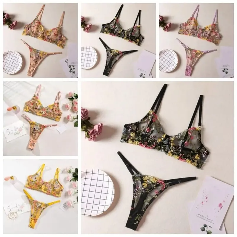 Sheer Intimates Transparent Lingeri Sæt Ultratyndt Elegant Broderi Blomster Undertøj Push Up Trusser BH Sæt Damer