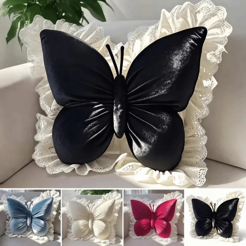 Elegant Velvet Butterfly Pillow Soft Lace Trim Bow Cushion Cute Bow Throw Pillow Gifts — image 5