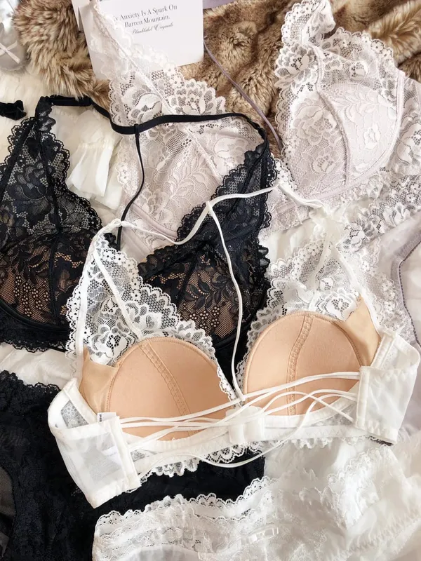 Sexy Lace Embroidery Women Lingerie Set French Thin Cup Halter Bikini Bra High Quality Push Up Bralette Backless Underwear Set — image 6