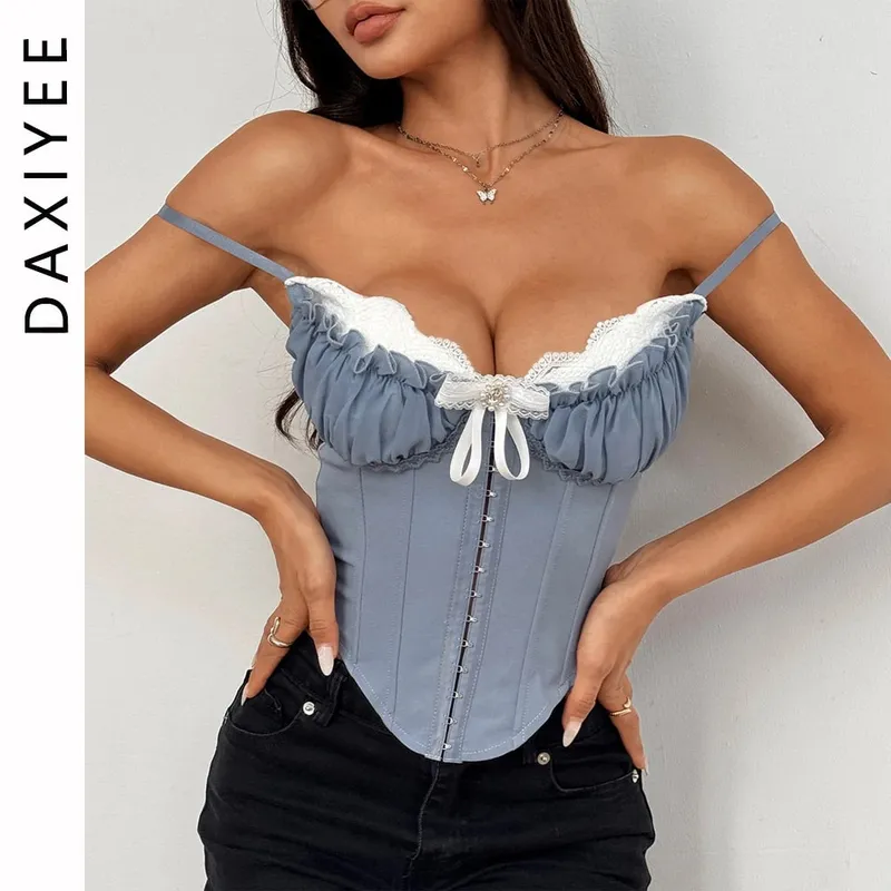 Sexy V Neck Y2K Crop Tops Lace Patchwork