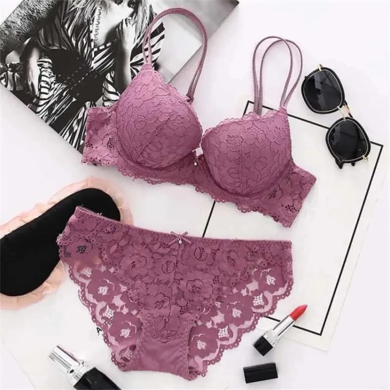 Sweet Mesh Lace Flower Bra Low Waist Bowknot Push Up Bra Women Lingerie Non Slip Seamless Underwear Set Beach