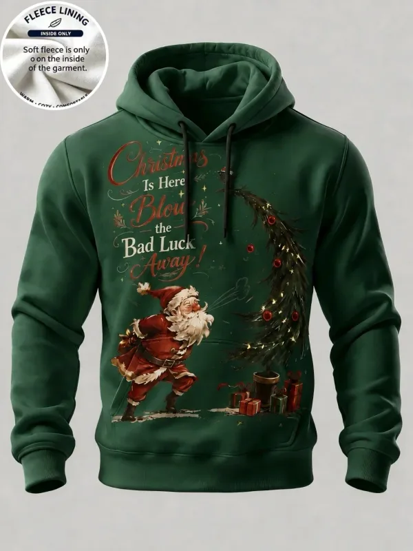3D Print Christmas Fleece Hoodie Funny Santa Blowing Christmas Tree Pullover Long Sleeve Kangaroo Pocket Xmas Sweatshirt — image 4