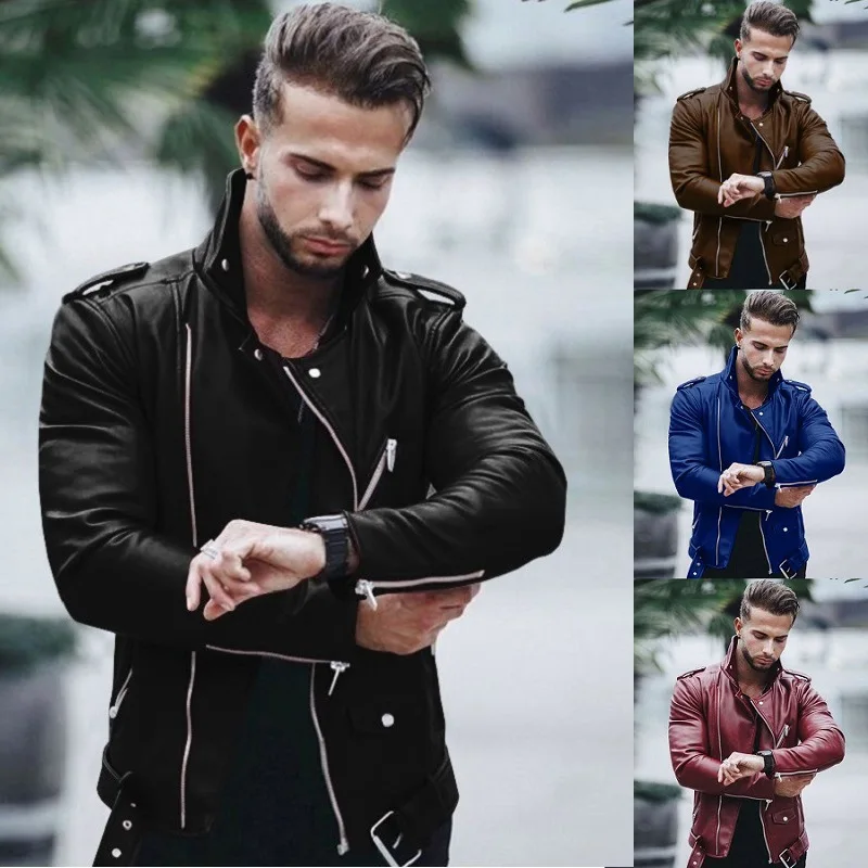 Fashion Leather Jackets Men Casual Slim Fit Turn Down Collar Male Jacket Men PU Leather Coat Men Autumn Winter Motorcycle Jacket — image 3