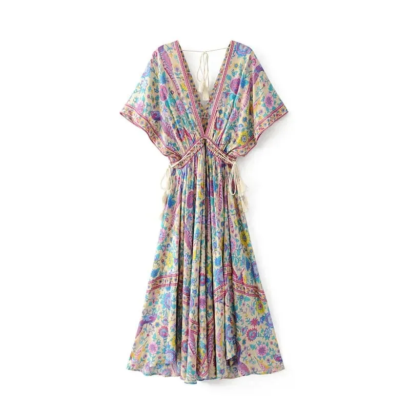 Boho Queens Wanita Merak Bunga Cetak Lengan Kelawar Pantai Bohemian Maxi Gaun Wanita V Leher Rumbai Gaun Musim Panas Vestidos — image 3