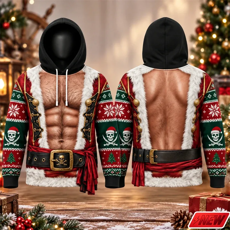 Fashion Christmas Party Streetwear Hoodie Men Holiday 3D Print Funny Fake Muscle Santa Suit Reindeer Graphic Festive Sweatshirt — image 10