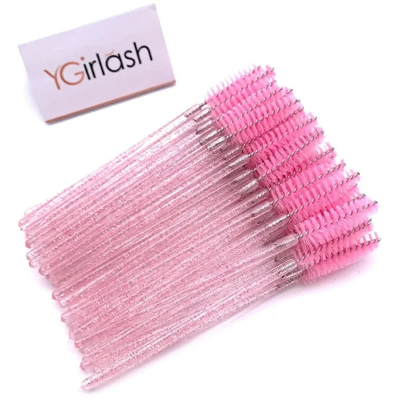 YGirlash 50 יחידות Lash Swans מוליך ריסים קריסטל ידית יהלום חד פעמית שרביטי מסקרה ניילון מברשת כלים קוסמטיים