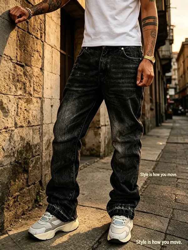 Men Y2K Baggy Bootcut Jeans Retro 2000s Street Swag Denim Pants Back Embroidery Distressed Washed Wide Leg Downtown Casual Jeans — image 1