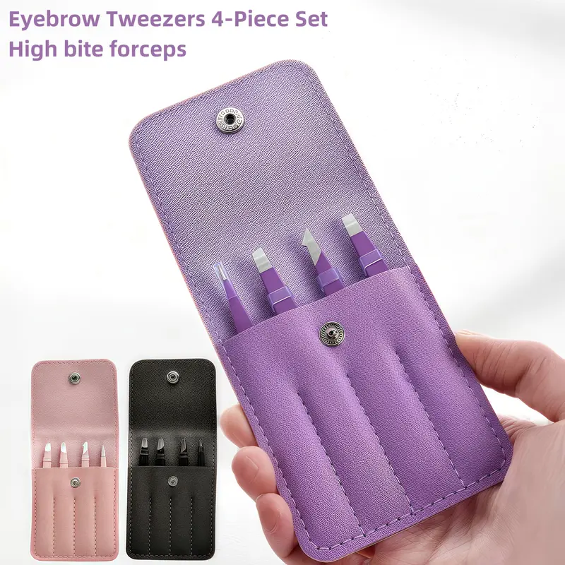 Stainless Steel Eyelash Tweezers 4 Pcs Can Precisely Facial Hair and Debris Makeup Tools Comes with a Folding Bag — image 2
