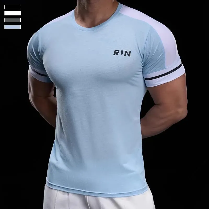 2025 Spring Summer Men's Running Training Sports Gym Fitness Top Quick Dry Breathable High Elastic Short Sleeve T-shirt Men