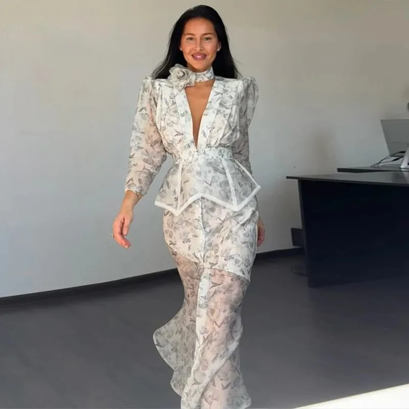 Elegant พิมพ์ชุดสตรี Organza ลึก V คอครึ่งแขนเอว Cinched จีบชุด 2026 ฤดูร้อน Lady Holiday Party Robe — image 8