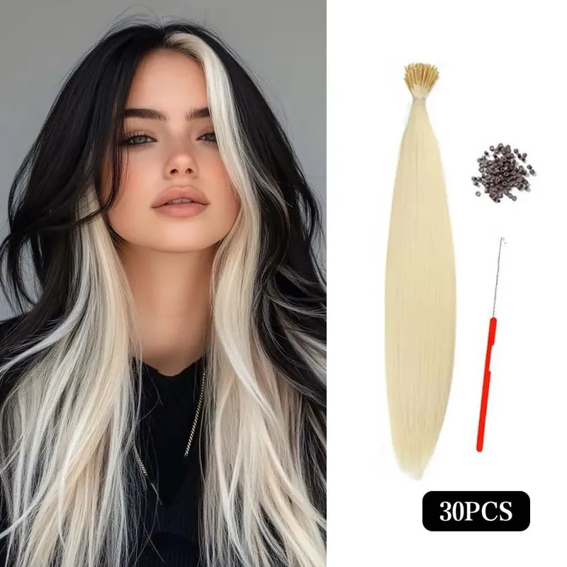 30pcs Colored Hair Extension 16-Inch I-Tip Synthetic Extensions. This long-style kit for women includes beads and a crochet tool — image 2