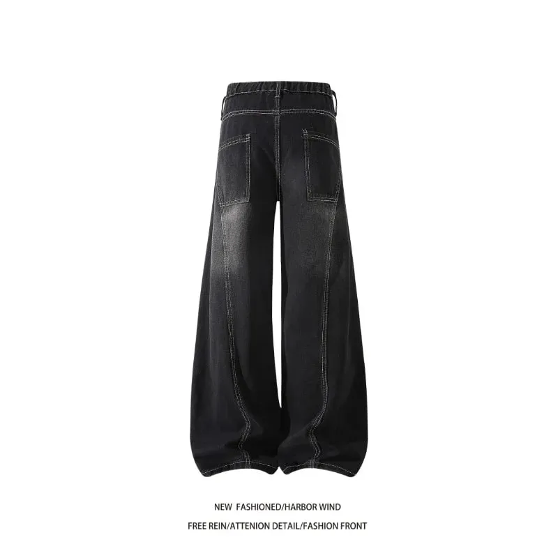 Men 2026 American Style Wide Leg Scimitar Jeans Contrast Stitch Spliced Pleated Design Loose Casual Long Denim Pants For Male
