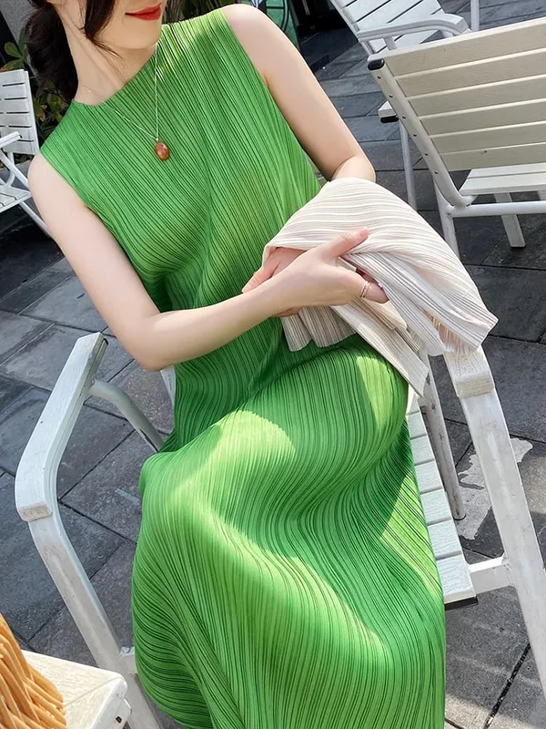 Miyake Plissee Frauen Kleid Sommer Ärmellose Lange Klassische Koreanische Mode Lässig Elegante Weibliche Lce Wasser Blau Strand Kleid TP5045 — image 23