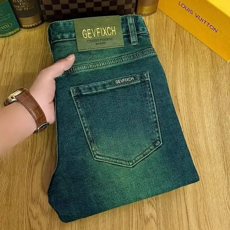 High Quality Emerald Green Slim Fit Men's Jeans Retro Fashion Washed out Casual Straight Leg Youthful Style Chinese Production — image 2