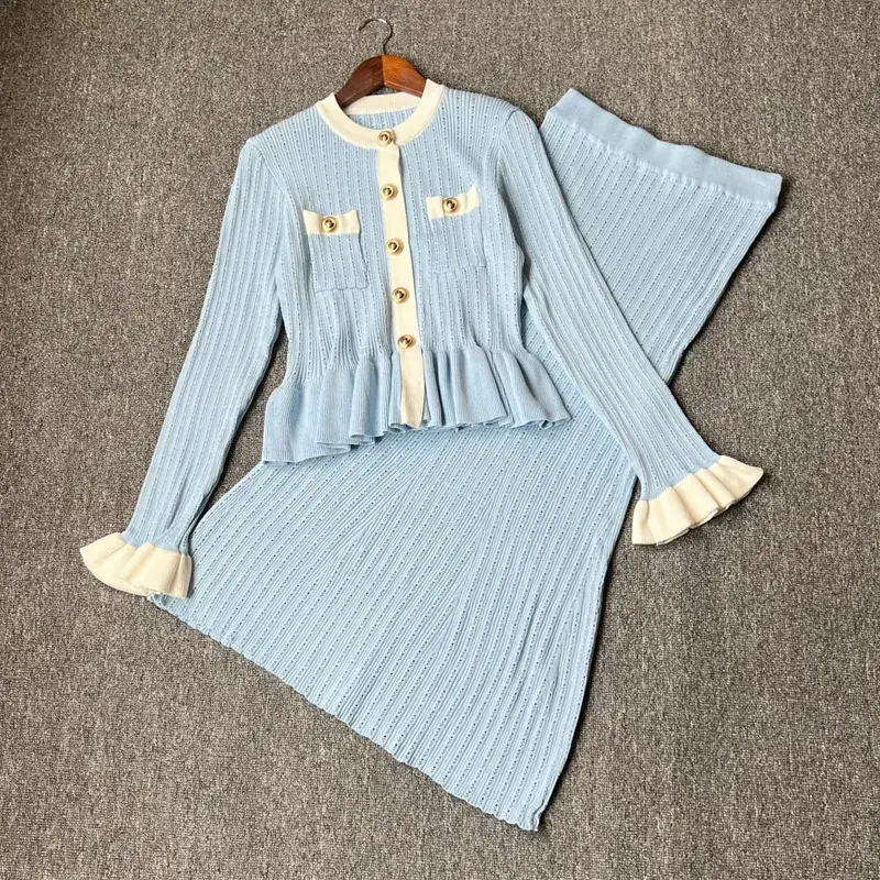 YuooMuoo marca de moda de una pieza de punto Maxi Vestido de mujer elegante con cuello en V con volantes cintura delgada ceñido al cuerpo suéter Vestido de fiesta