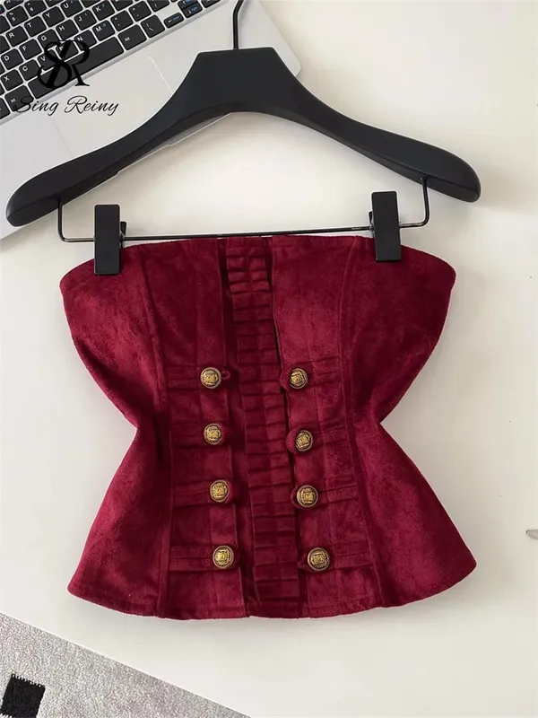 Fake Suede Senior Vintage Tank Top Autumn Female Metal Button Bodycon Top French Sensual Chic Commute Party Camisole — image 4