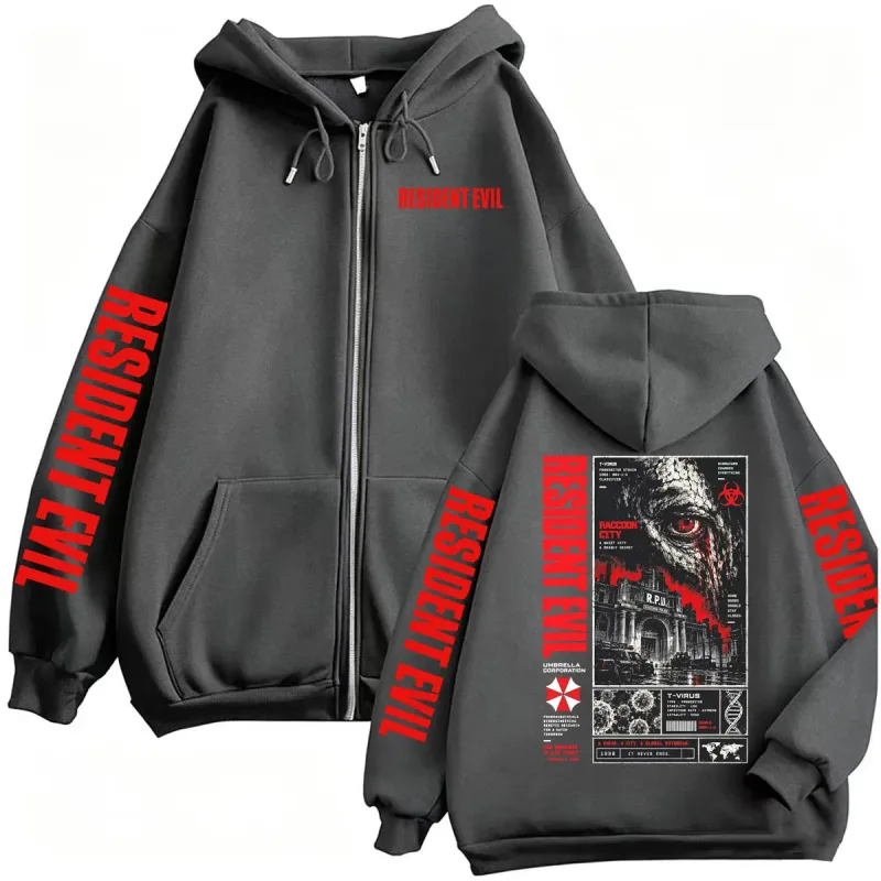 Vintage Resident Evil T-Virus Horror Gaming Zip Up Hoodies Men Women Harajuku Gothic Fashion Jacket Sweatshirts Coats Streetwear — image 5