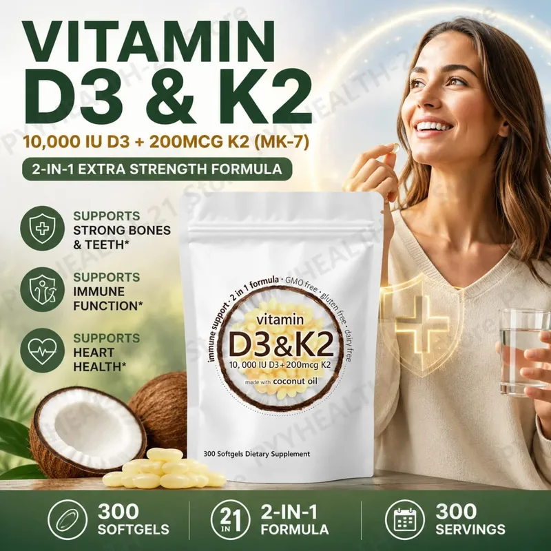 Vitamin D3 10000 IU K2 MK-7 200 mcg Softgels with Coconut Oil 2 in 1 Supports Strong Bones Immune Function Heart Health 300 Ct — image 2