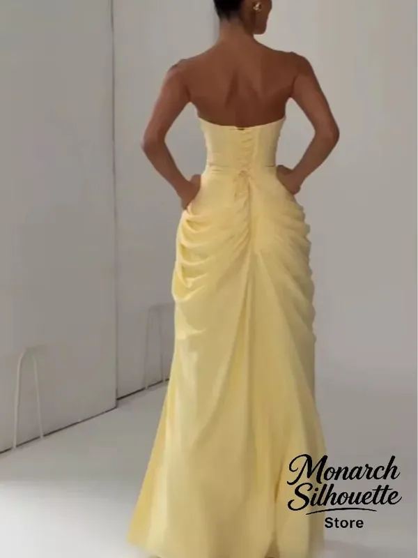 Elegant สีเหลือง Strapless จีบยาวชุดผู้หญิงเก๋แขนกุดเอว Cinching แยกชุด 2026 Lady Evening Party Robes — image 3