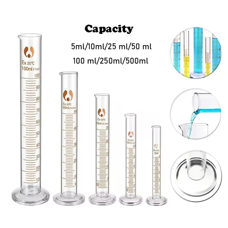 Cylindre de mesure gradué en verre, 1 pièce, 5ml, 10ml, 25ml, 50ml, 100ml, 250ml, 500ml, pour fourniture de laboratoire/cuisine