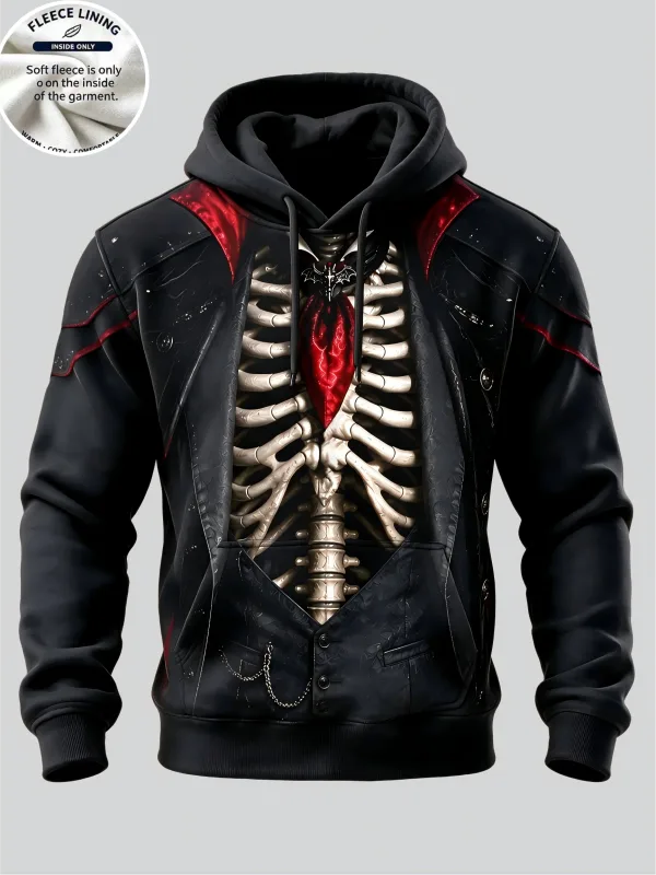 Men Fleece Lined Hoodie Halloween Werewolf Red Moon Print Pullover Hooded Sweatshirt Street Hoody