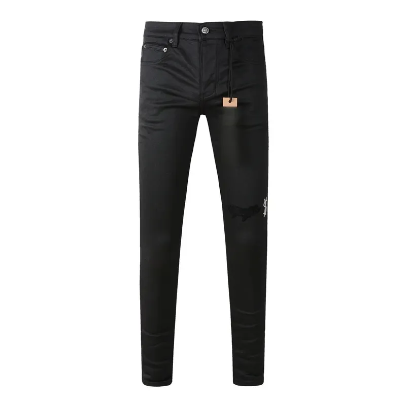 Men's High Street Black Coated Denim Jeans Washed Skinny Fit Embroidered Letter Motif Button Fly Versatile Year‑Round Outfit — image 1