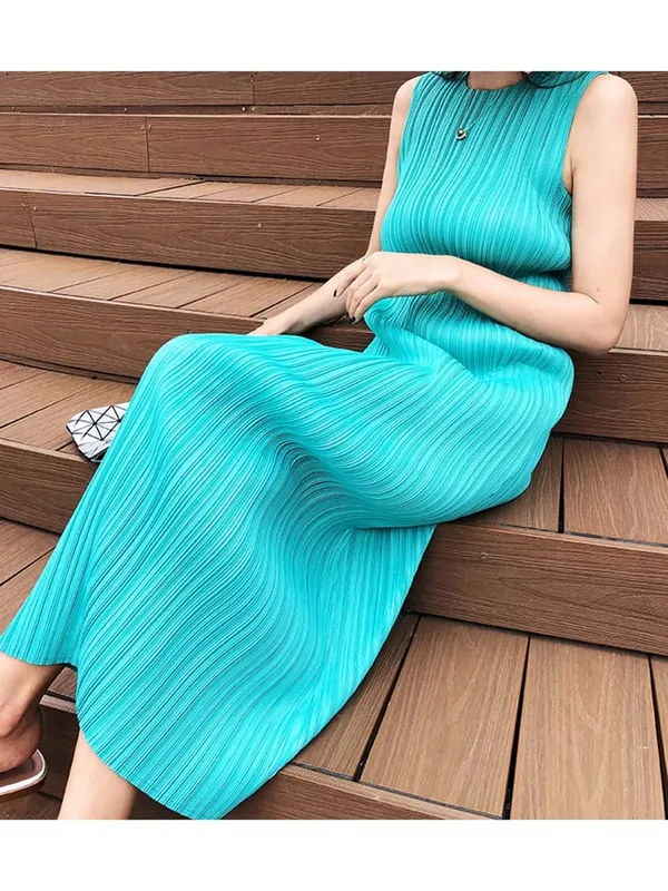 Miyake Plissee Frauen Kleid Sommer Ärmellose Lange Klassische Koreanische Mode Lässig Elegante Weibliche Lce Wasser Blau Strand Kleid TP5045 — image 20
