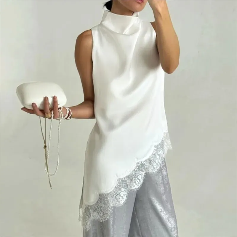 Women's Satin High Neck Lace Trim Sleeveless Tanks Summer Fashion Casual Irregular Silhouette Delicate Solid Color Tops — image 3