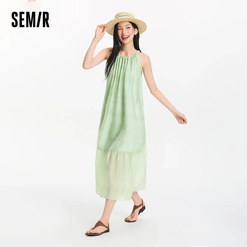Pakaian Wanita Semir Ikatan Simpul Bertekstur Halter Leher Percutian A Line Maxi 2026 Musim Panas Romantik Segar Elegan Lembut Selesa Top Percutian
