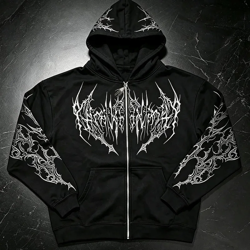 Men Alt Gothic Zip Up Hoodie Y2k High Street American Style Dark Thorn Print Fleece Lined Loose Biker Fall Winter Sweatshirt