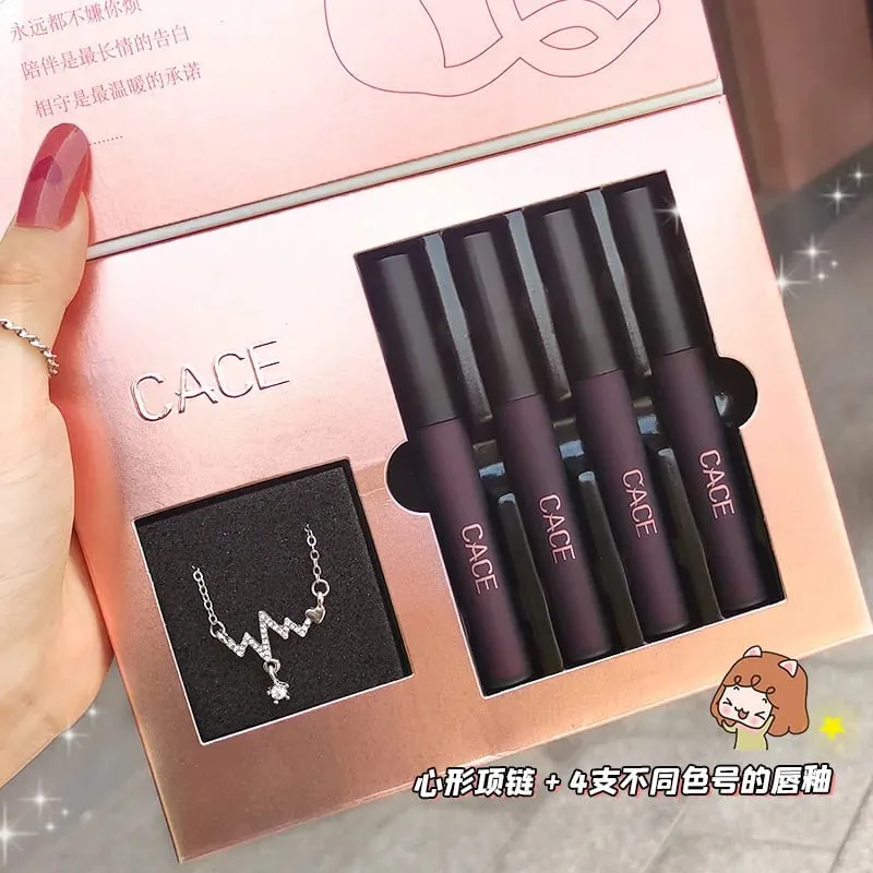 4 Uds. Juegos de maquillaje de lápiz labial líquido tinte rojo mate brillo de labios de larga duración resistente al agua cosméticos con collar de regalo — image 2