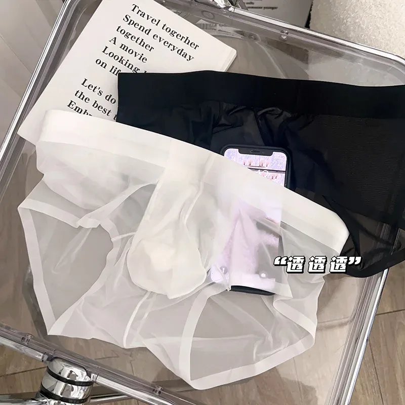 Cuecas masculinas transparentes ultra-finas de seda gelo calcinha de secagem rápida sexy u bulge bolsa homem roupa interior respirável cuecas — image 14
