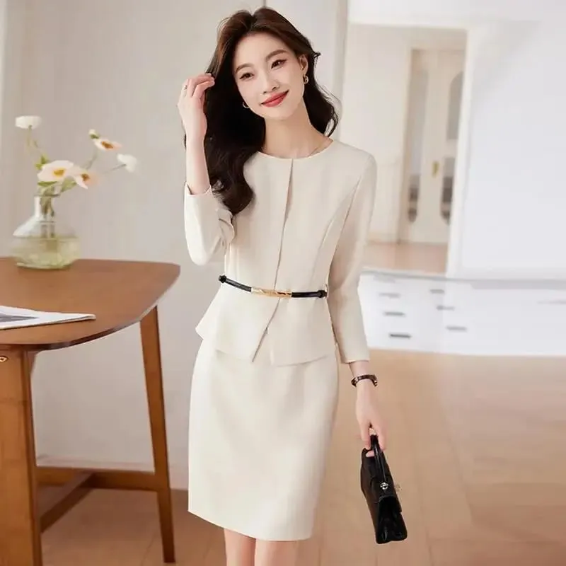 Elegant Spring Autumn Women Dress With Belt New Professional Navy Blue Formal Long Sleeve Slim Temperament Office Ladies Dresses