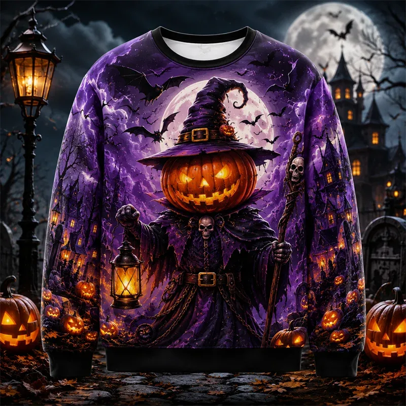 2026 New Pumpkin Print Halloween Sweatshirts Fashion Trendy Long Sleeve Holiday Wear Sweater Loose Streetwear Hip Hop Pullovers — image 8