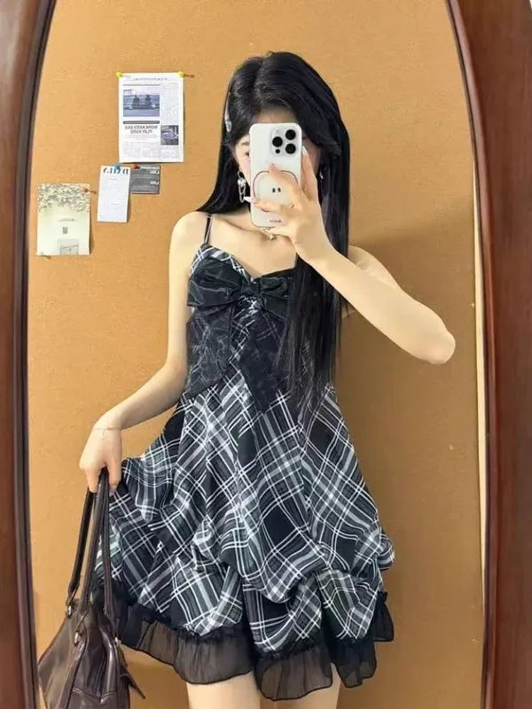 2025 Japanse Vintage Stijl Band Jurk Vrouwen Koreaanse Mode Zwart Kant Cami Jurken Zomer Zoete Patchwork Nieuwe Een Stuk Jurk — image 4