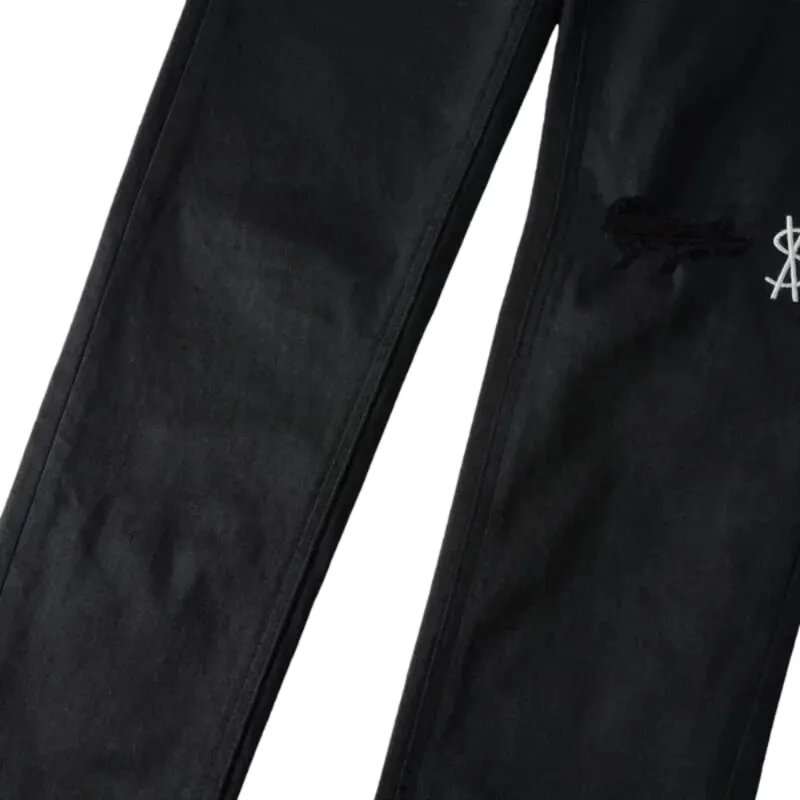 Men's High Street Black Coated Denim Jeans Washed Skinny Fit Embroidered Letter Motif Button Fly Versatile Year‑Round Outfit — image 5