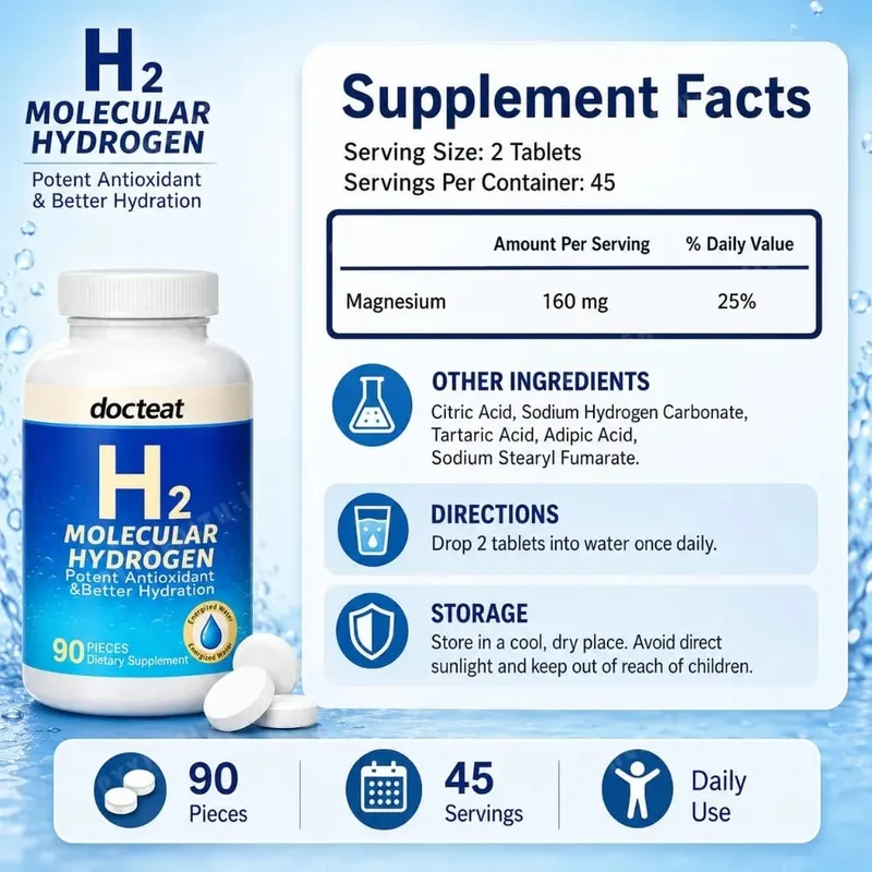 90pcs H2 โมเลกุลบำรุงฟื้นฟูเปลี่ยนสีผมพร้อมเคลือบเงาผมในขั้นตอนเดียวสีผมติดทนนาน 2 เดือนลดการหลุดร่วงของเส้นผมปลอดภัยไร้สารไฮโดรเจนเม็ดน้ำที่มีแมกนีเซียม 160mg Effervescent เครื่องดื่มอาหารเสริมสำหรับ Travel Gym Home Hydration — image 6