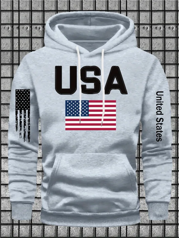 Urban patriotic-themed men's hooded sweatshirt with USA lettered and flag graphics. Street fashion design, loose turtleneck top. — image 4