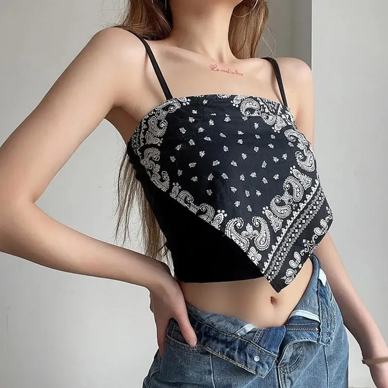 สปาเก็ตตี้สายคล้องคอเซ็กซี่Backless Camisoleพิมพ์เสื้อฤดูร้อนElegant Partyผู้หญิงCamisเกาหลีสไตล์เซ็กซี่สั้นTop