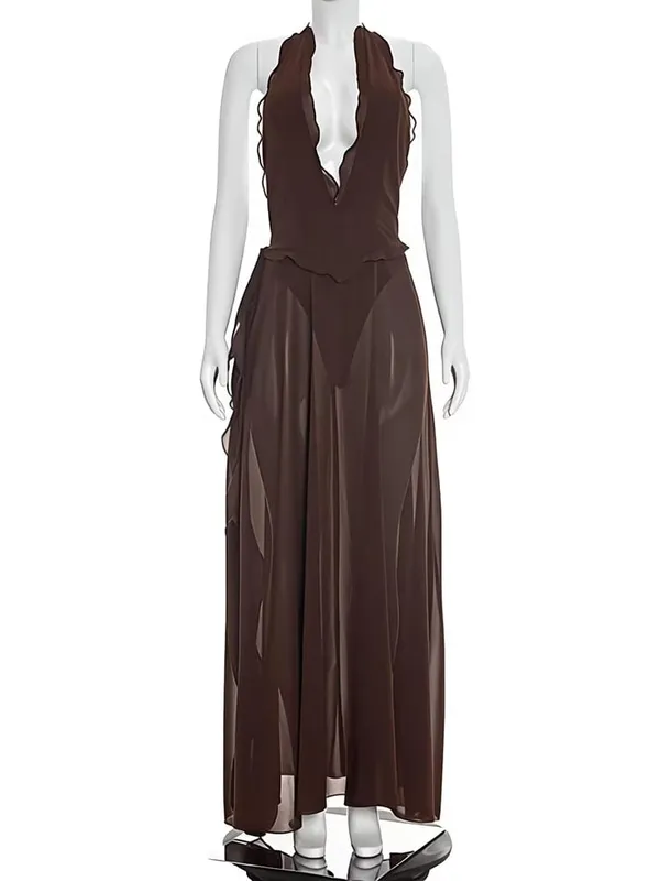 Mozision Halter Deep V Leher Gaun Maxi Seksi Tanpa Belakang Wanita Elegan Off-shoulder Tanpa Lengan High Split Party Club Dress Long Dress