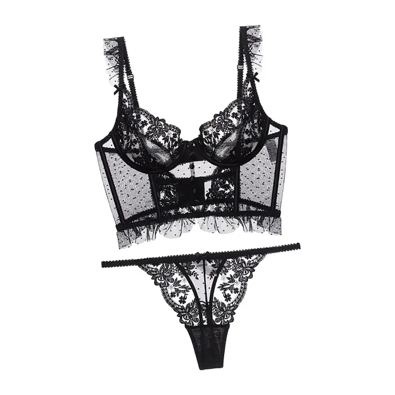 Set Pakaian Dalam Wanita 2 Keping Bodysuit Selesa Push Up Bra Set Seluar Dalam Bra Renda Bunga untuk Perkahwinan Setiap Hari Pakai Pakaian Tidur